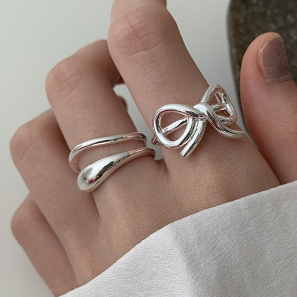 Tie Clip Silver - 925 スターリングシルバーシンプルなリング女性のためのファインジュエリー指調節可能なオープンヴィンテージ中空弓リングパーティー誕生日ギフト