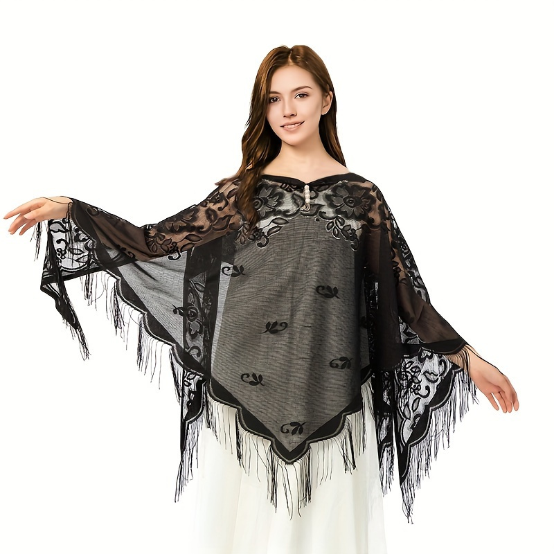 女性のための刺繍されたレーススカーフ、三角形のベール、花のシ - Stole Wedding Shawl のレビューと価格